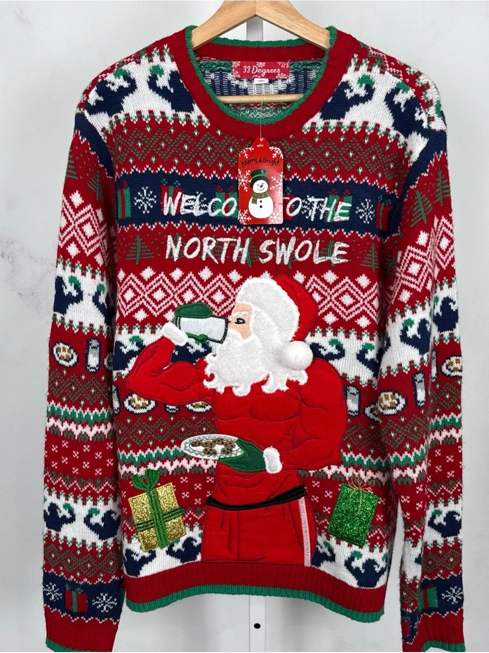 33 Degrees Men’s Christmas Welcome To The North Swole Party Sweater Sz L NEW $48